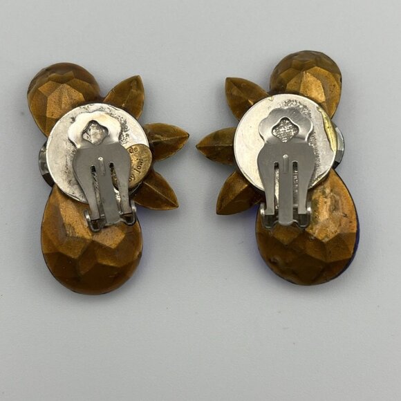 Esq Capade by Joni Clip On Earrings Colorful Glass Stones Floral Design Signed - Picture 2 of 5